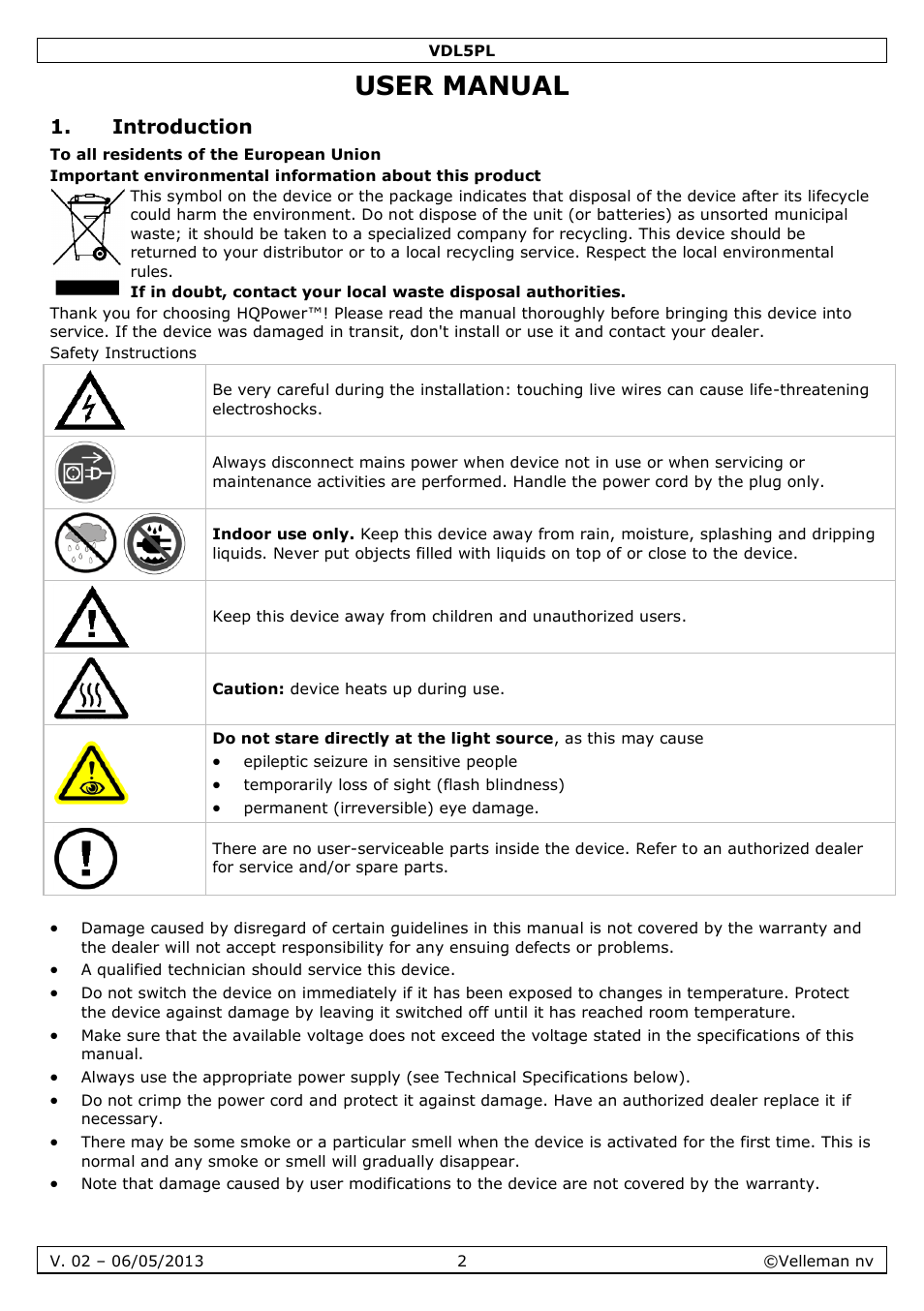 User manual, Introduction | Velleman VDL5PL User Manual | Page 2 / 18