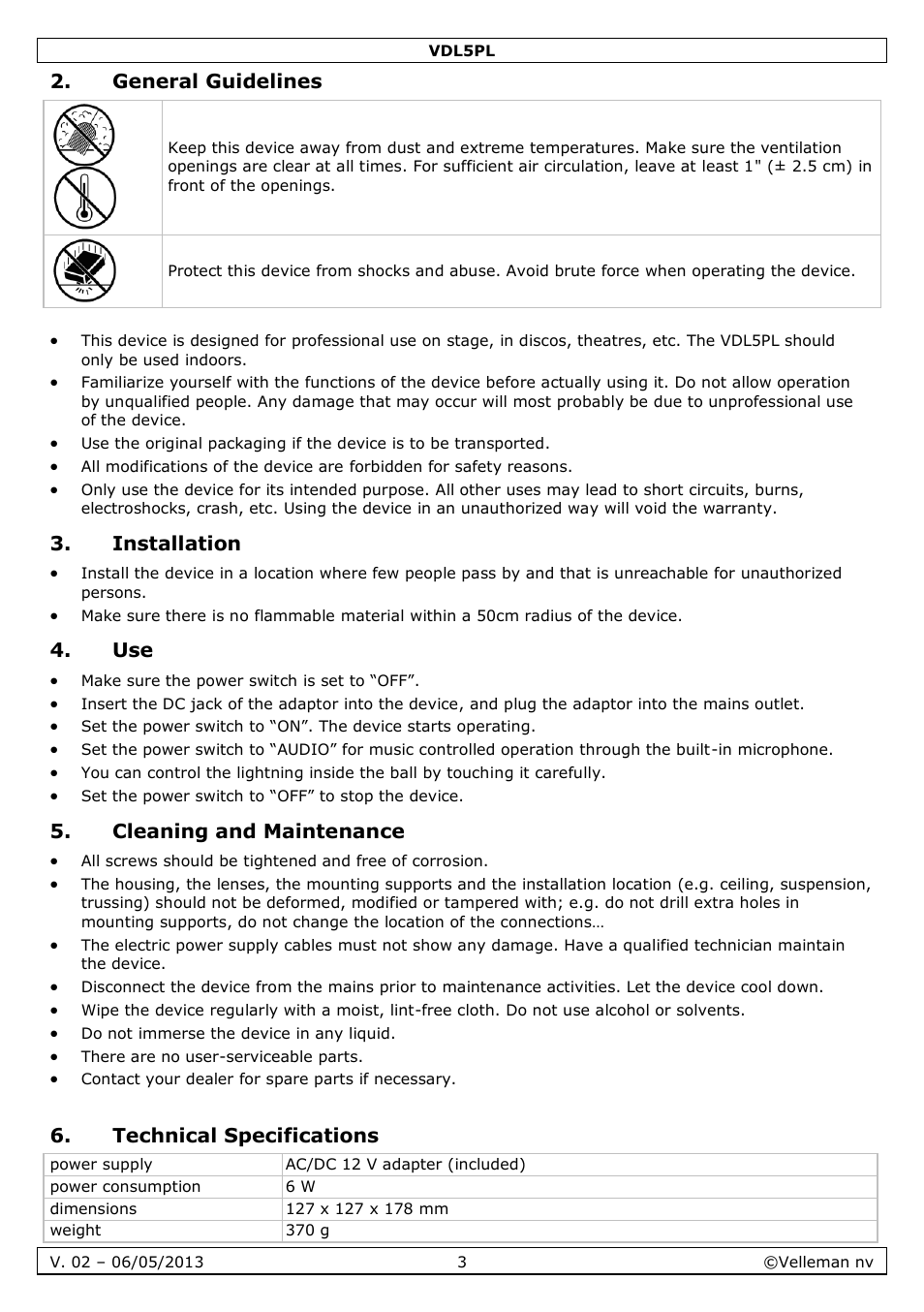 General guidelines, Installation, Cleaning and maintenance | Technical specifications | Velleman VDL5PL User Manual | Page 3 / 18