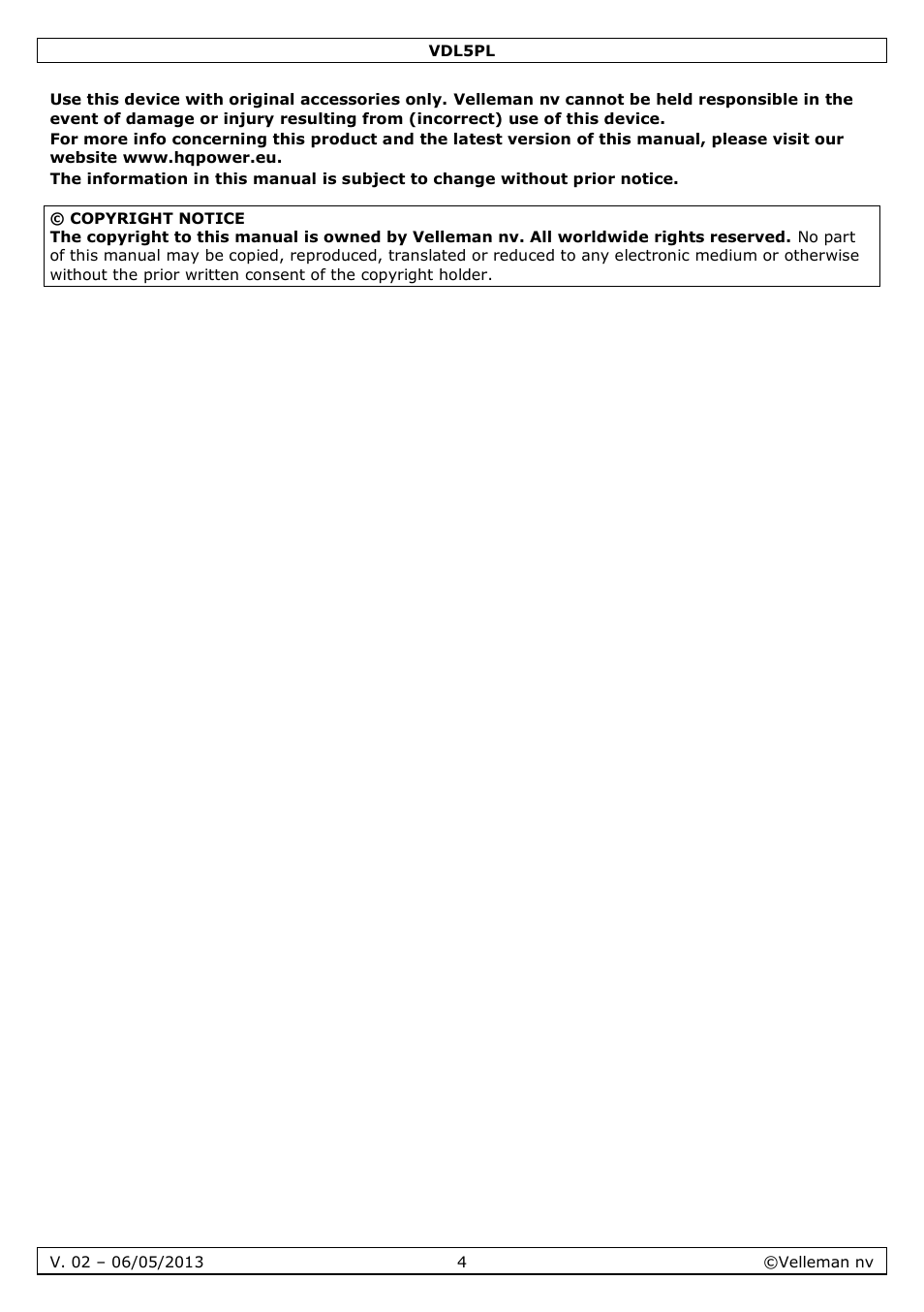 Velleman VDL5PL User Manual | Page 4 / 18