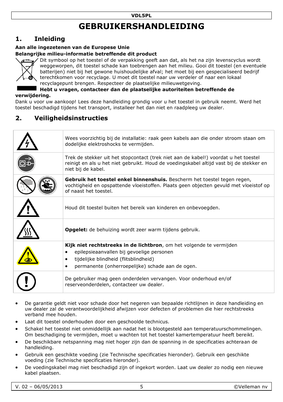 Gebruikershandleiding, Inleiding, Veiligheidsinstructies | Velleman VDL5PL User Manual | Page 5 / 18