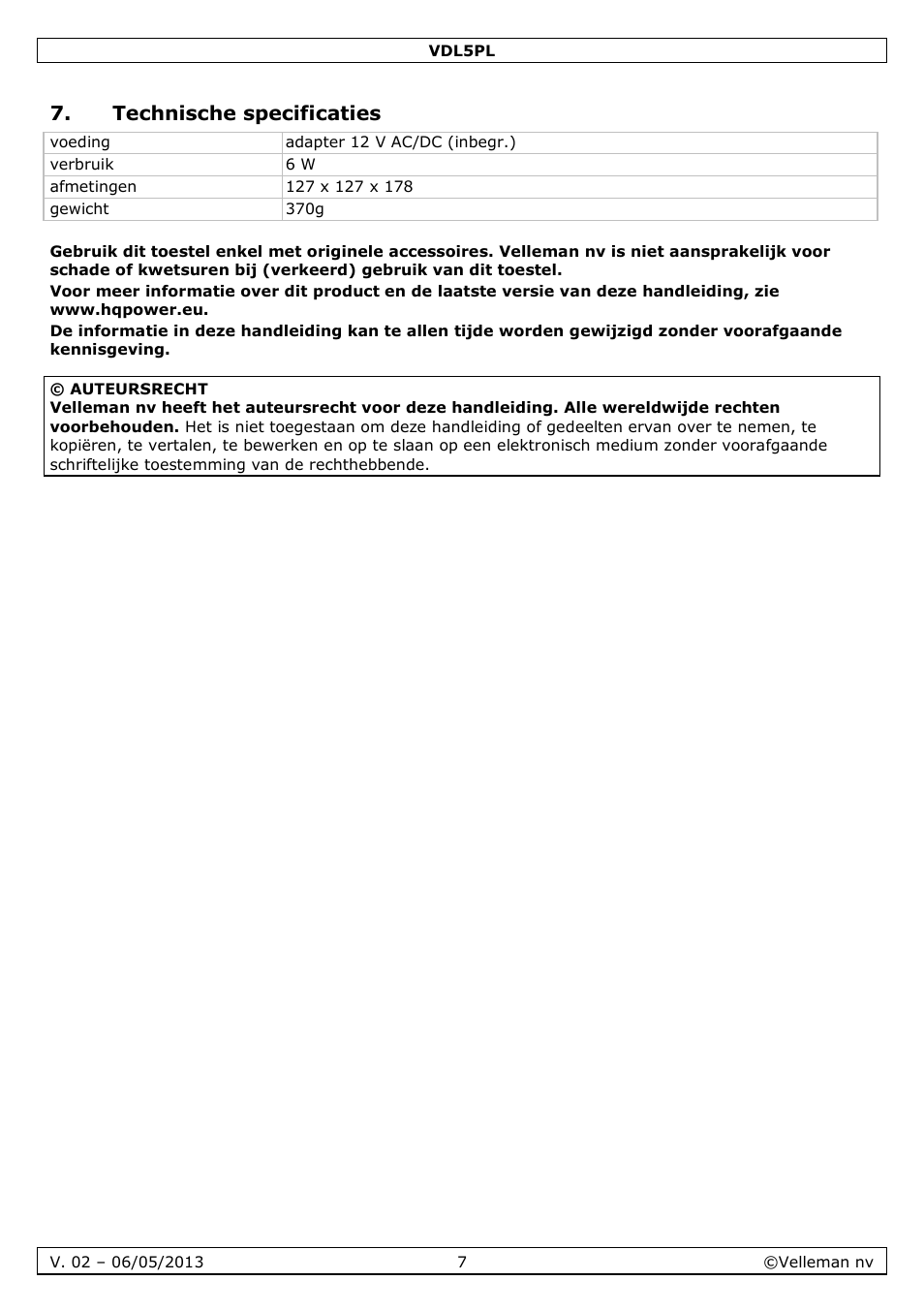 Technische specificaties | Velleman VDL5PL User Manual | Page 7 / 18
