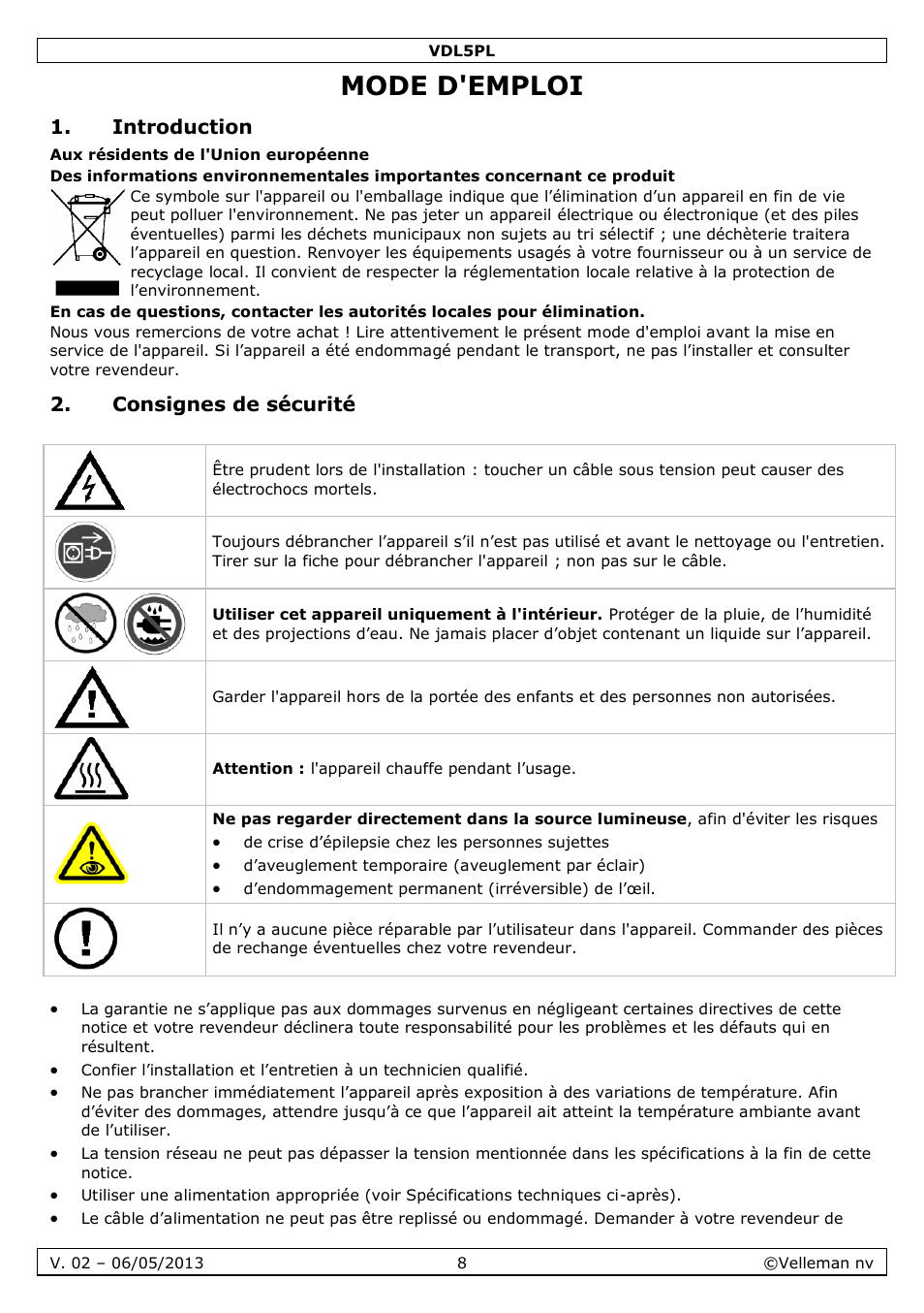Mode d'emploi, Introduction, Consignes de sécurité | Velleman VDL5PL User Manual | Page 8 / 18