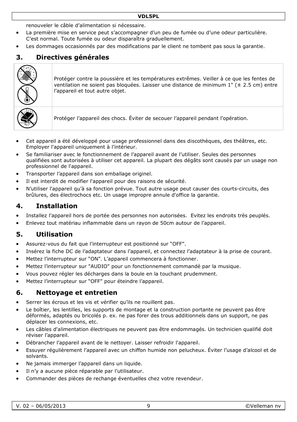 Directives générales, Installation, Utilisation | Nettoyage et entretien | Velleman VDL5PL User Manual | Page 9 / 18