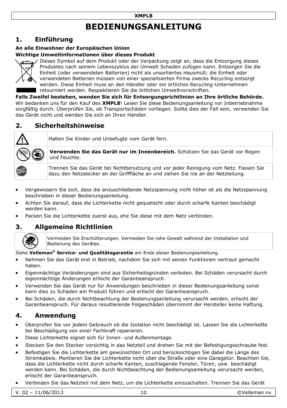 Bedienungsanleitung, Einführung, Sicherheitshinweise | Allgemeine richtlinien, Anwendung | Velleman XMPL8 User Manual | Page 10 / 13