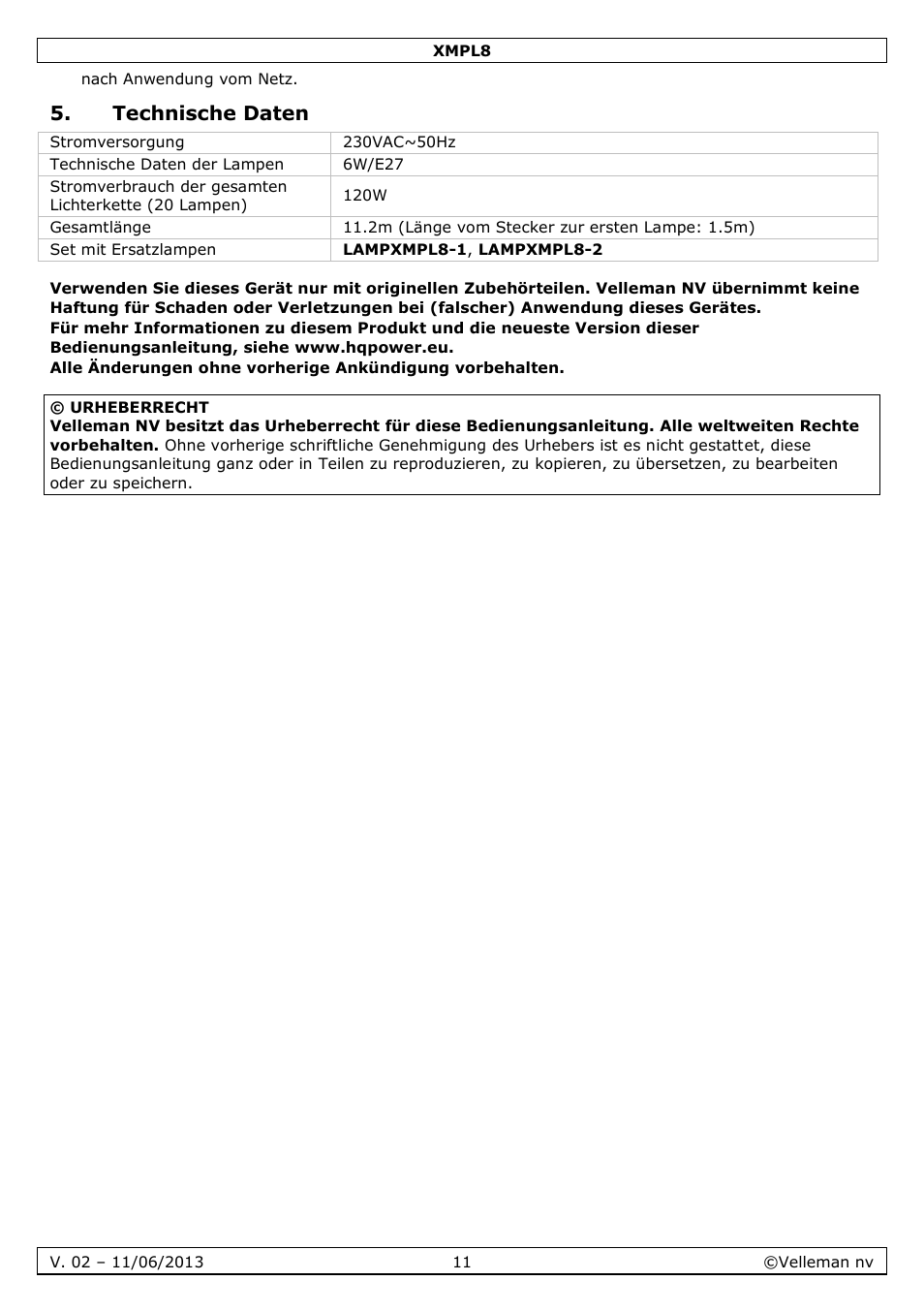 Technische daten | Velleman XMPL8 User Manual | Page 11 / 13
