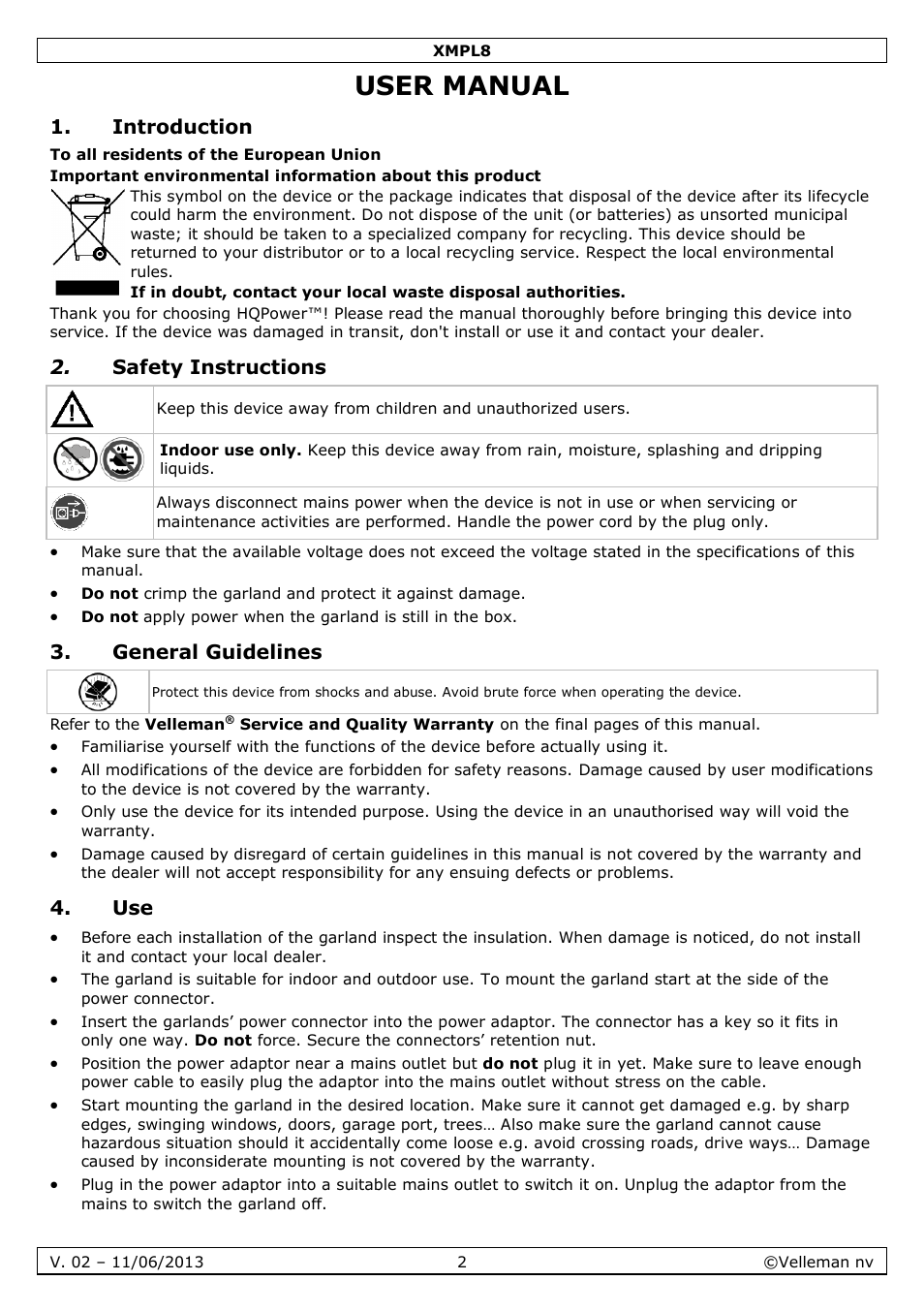 User manual, Introduction, Safety instructions | General guidelines | Velleman XMPL8 User Manual | Page 2 / 13