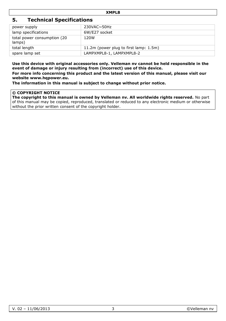 Technical specifications | Velleman XMPL8 User Manual | Page 3 / 13