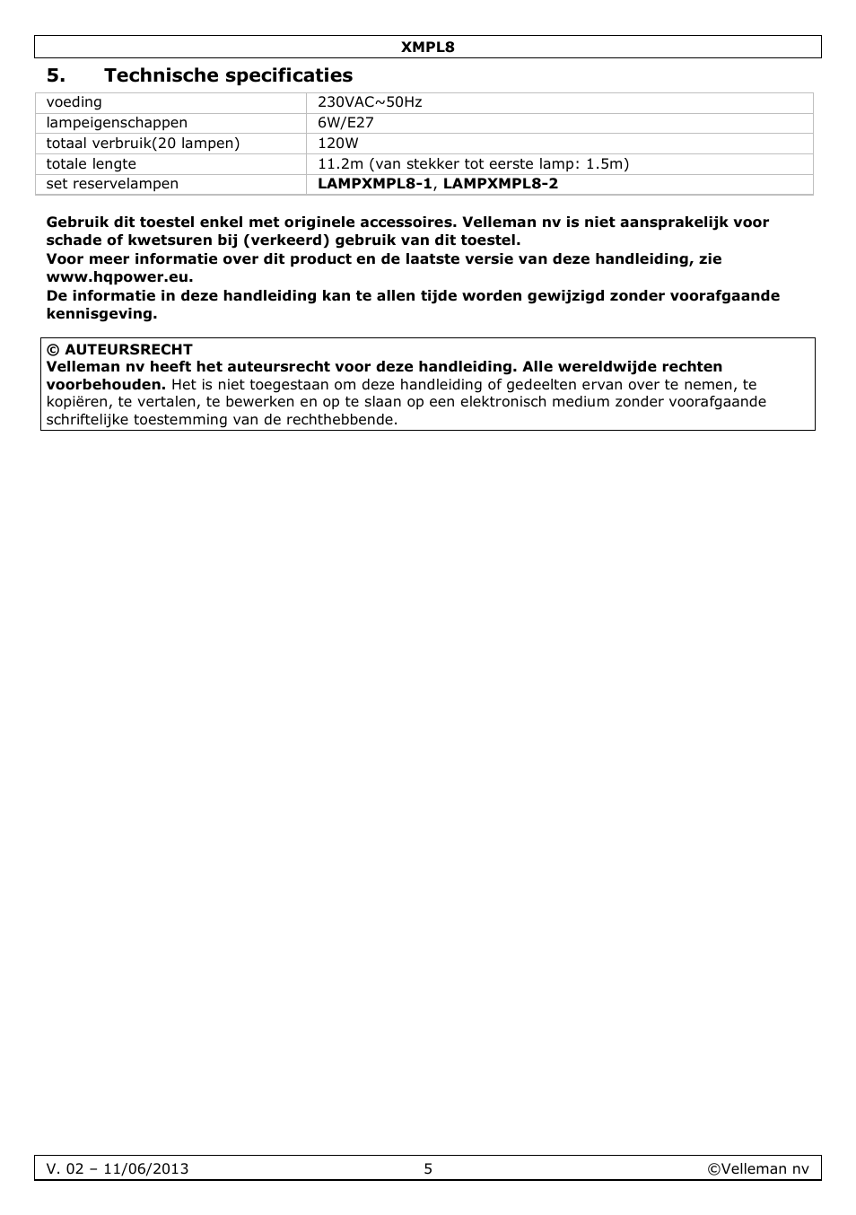 Technische specificaties | Velleman XMPL8 User Manual | Page 5 / 13