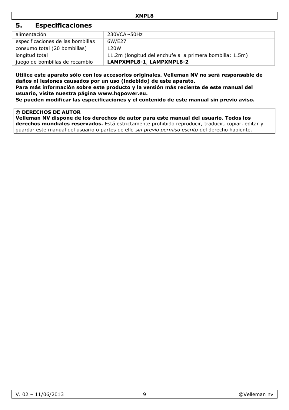 Especificaciones | Velleman XMPL8 User Manual | Page 9 / 13