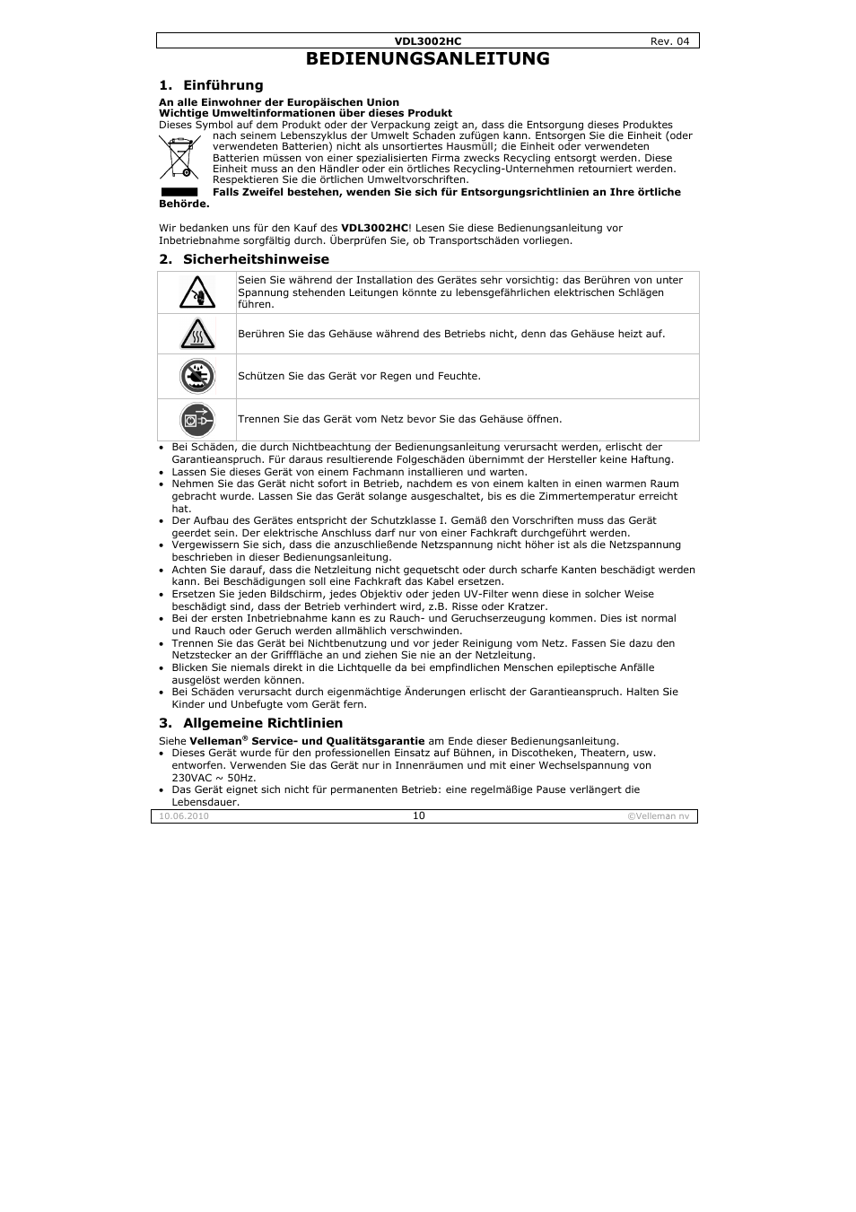 Bedie, Enungs, Anleitu | Velleman VDL3002HC User Manual | Page 10 / 13