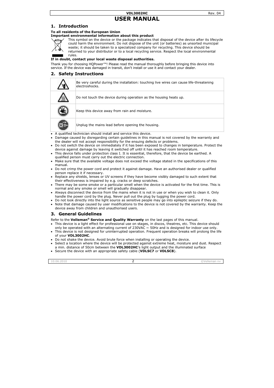 User ma, Anual | Velleman VDL3002HC User Manual | Page 2 / 13