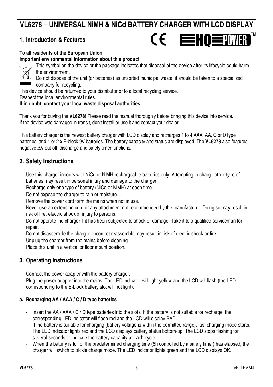 Velleman VL6278 User Manual | Page 3 / 12