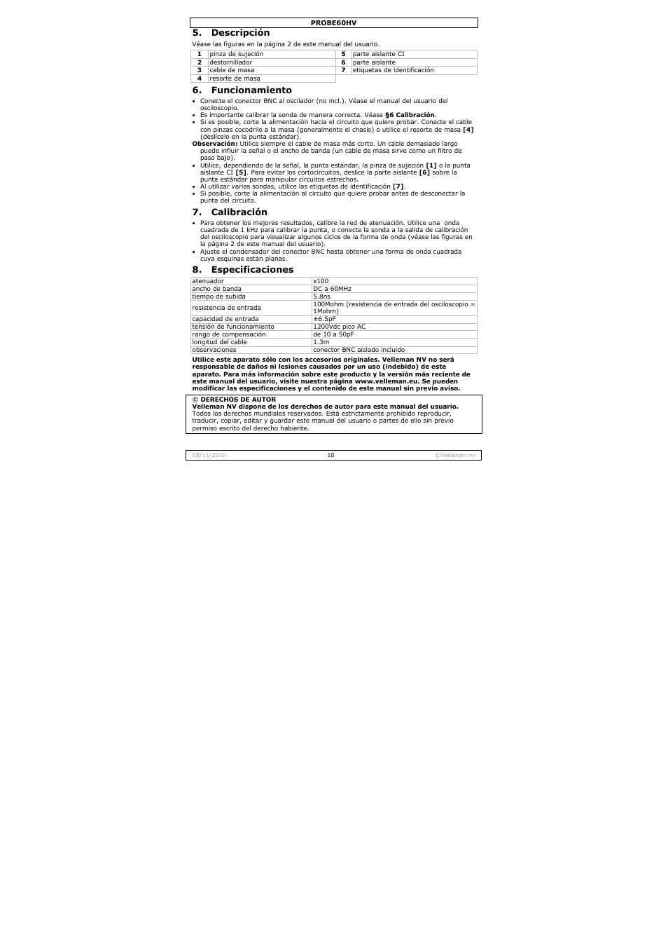 Descripción, Funcionamiento, Calibración | Especificaciones | Velleman PROBE60HV User Manual | Page 10 / 15