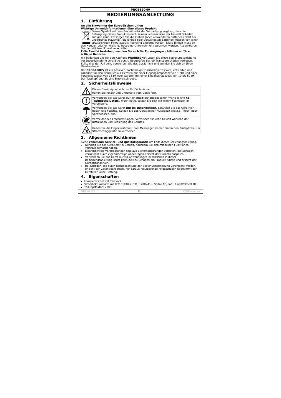 Bedie, Enungsa, Nleitung | Einf, Sich, Allg, Führung, Herheitshinw, Gemeine rich, Enschaften | Velleman PROBE60HV User Manual | Page 11 / 15