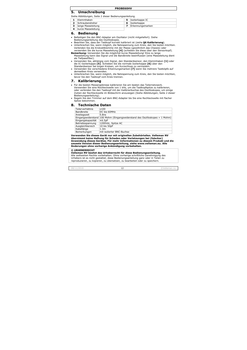Umschreibung, Bedienung, Kalibrierung | Technische daten | Velleman PROBE60HV User Manual | Page 12 / 15