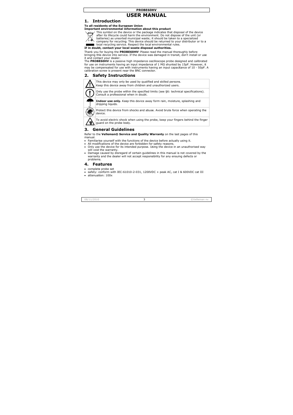 User man, Nual, Roduction | Fety instruct, Neral guideli, Atures, Ions, Ines | Velleman PROBE60HV User Manual | Page 3 / 15