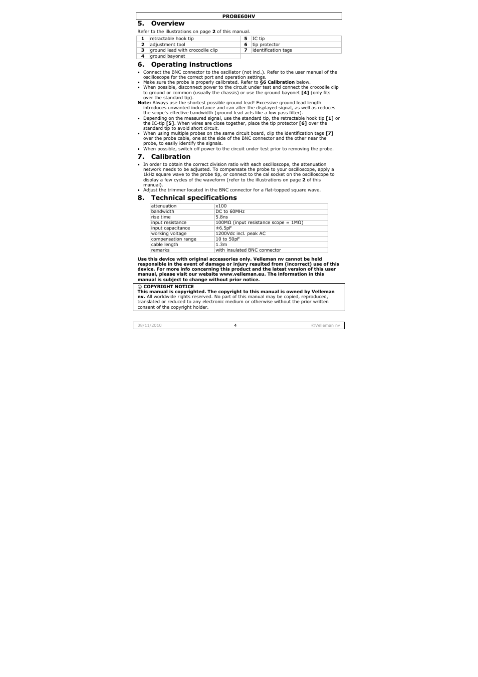 Overview, Operating instructions, Calibration | Technical specifications | Velleman PROBE60HV User Manual | Page 4 / 15