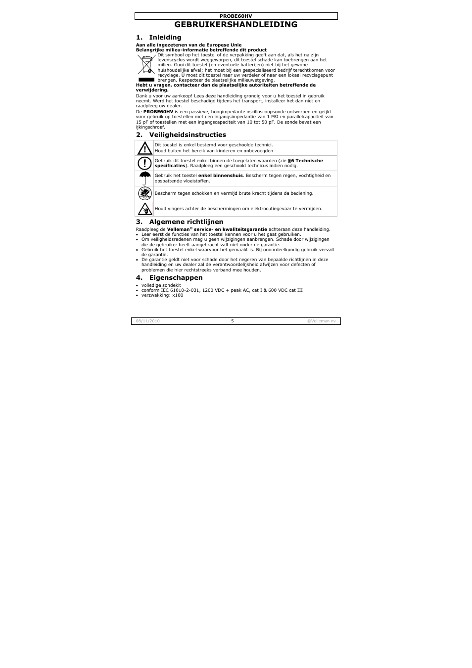 Gebru, Uikersha, Ndleidin | Inle, Eiding, Ligheidsinstr, Emene richt, Enschappen, Ructies, Tlijnen | Velleman PROBE60HV User Manual | Page 5 / 15