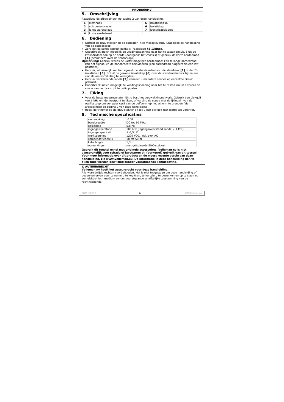 Omschrijving, Bediening, Ijking | Technische specificaties | Velleman PROBE60HV User Manual | Page 6 / 15