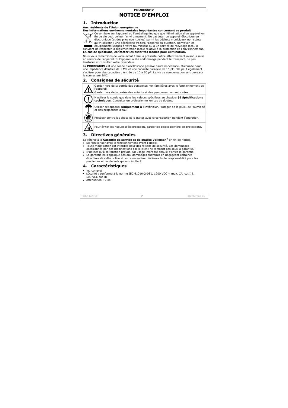 Otice d’e, Emploi, Dire | Roduction, Nsignes de sé, Ectives géné, Ractéristique, Écurité, Érales | Velleman PROBE60HV User Manual | Page 7 / 15