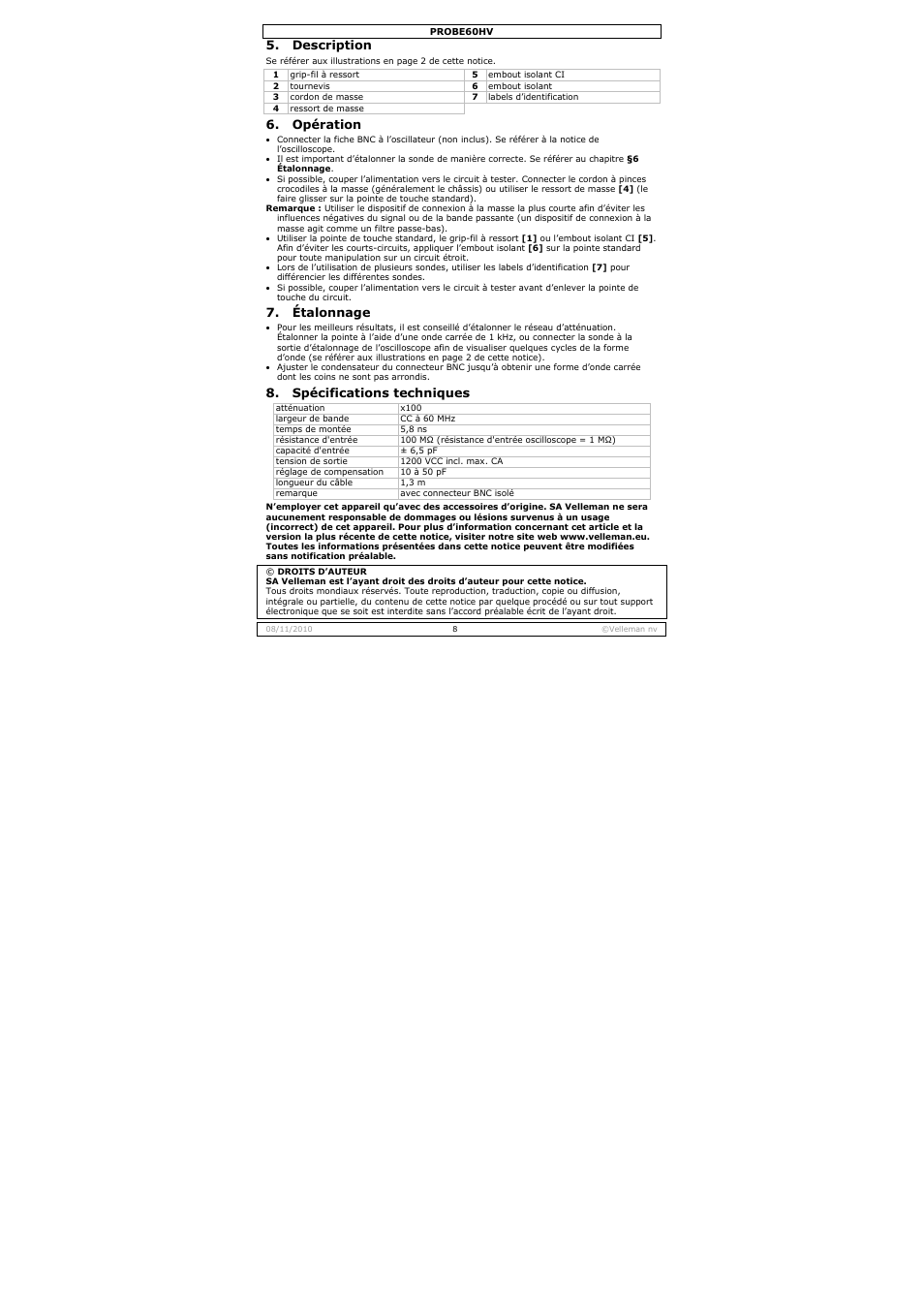 Description, Opération, Étalonnage | Spécifications techniques | Velleman PROBE60HV User Manual | Page 8 / 15