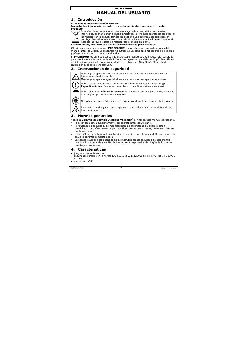 Nual del, Usuario, Roducción | Strucciones d, Rmas genera, Racterísticas, De seguridad, Ales | Velleman PROBE60HV User Manual | Page 9 / 15