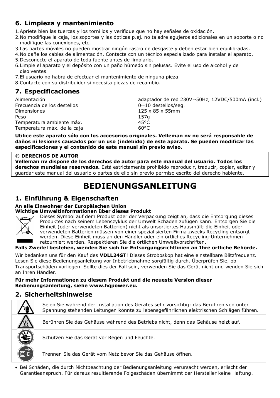 Bedienungsanleitung, Limpieza y mantenimiento, Especificaciones | Einführung & eigenschaften, Sicherheitshinweise | Velleman VDLL24ST User Manual | Page 10 / 14