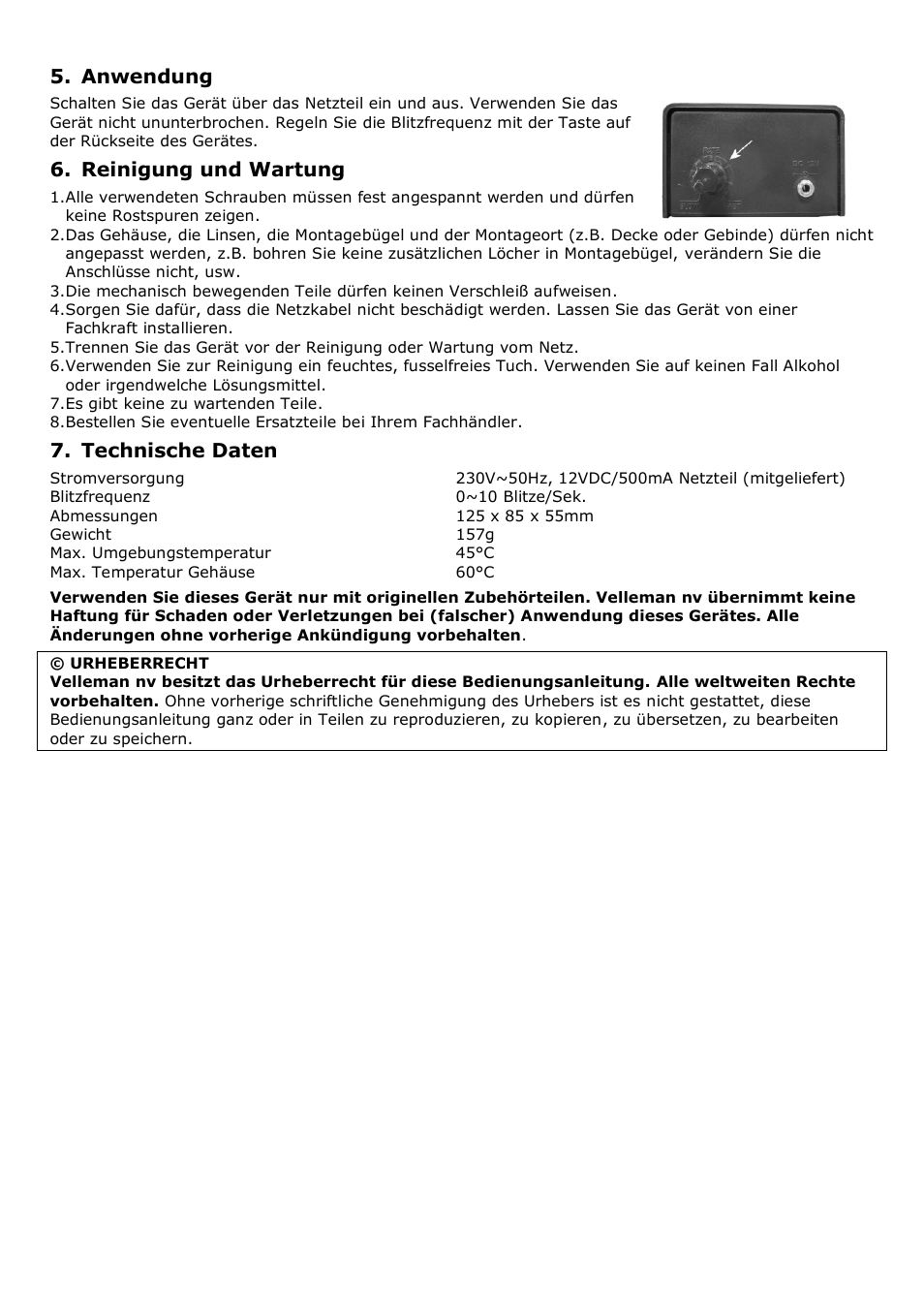 Warranty - garantie - garantia, Anwendung, Reinigung und wartung | Technische daten | Velleman VDLL24ST User Manual | Page 12 / 14