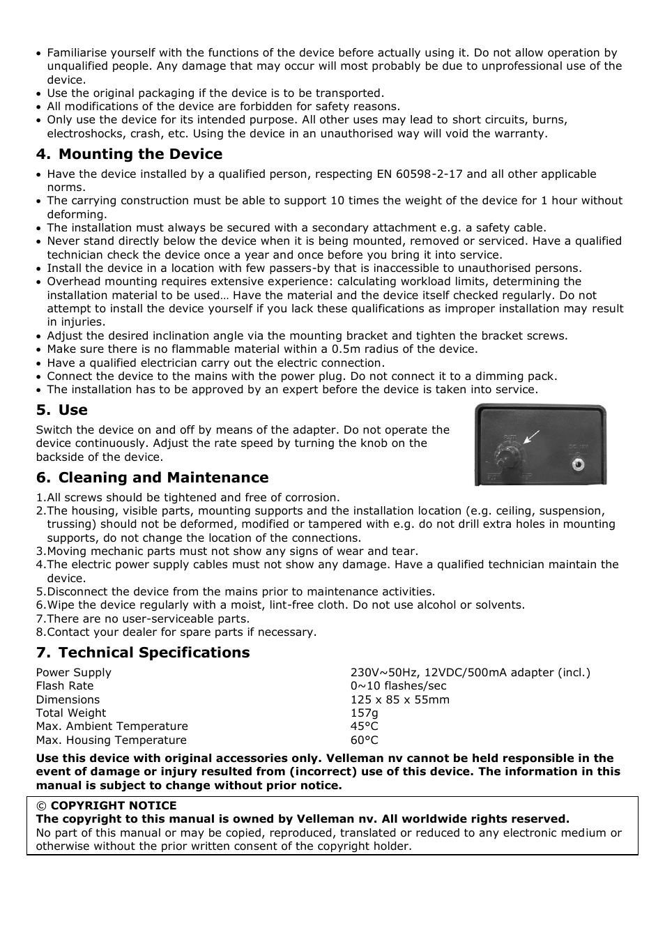 Mounting the device, Cleaning and maintenance, Technical specifications | Velleman VDLL24ST User Manual | Page 3 / 14