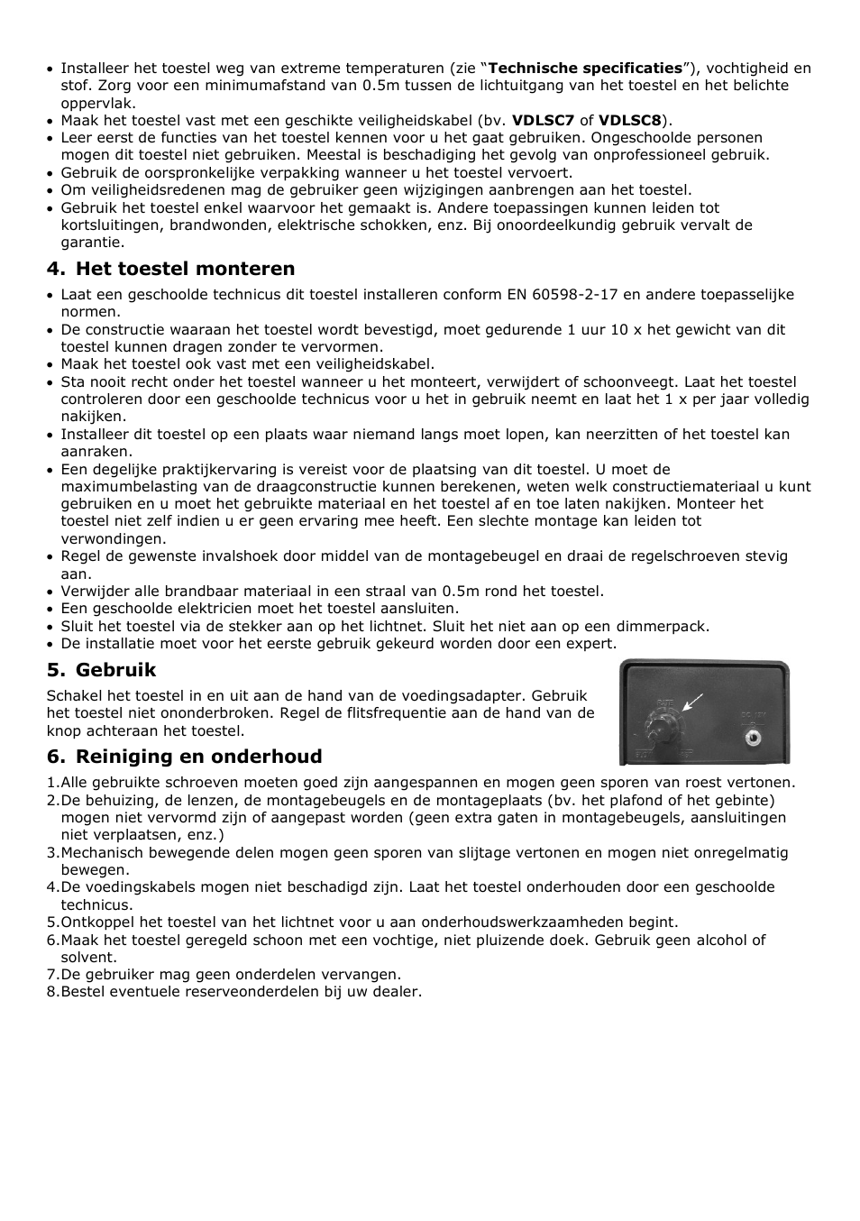 Het toestel monteren, Gebruik, Reiniging en onderhoud | Velleman VDLL24ST User Manual | Page 5 / 14