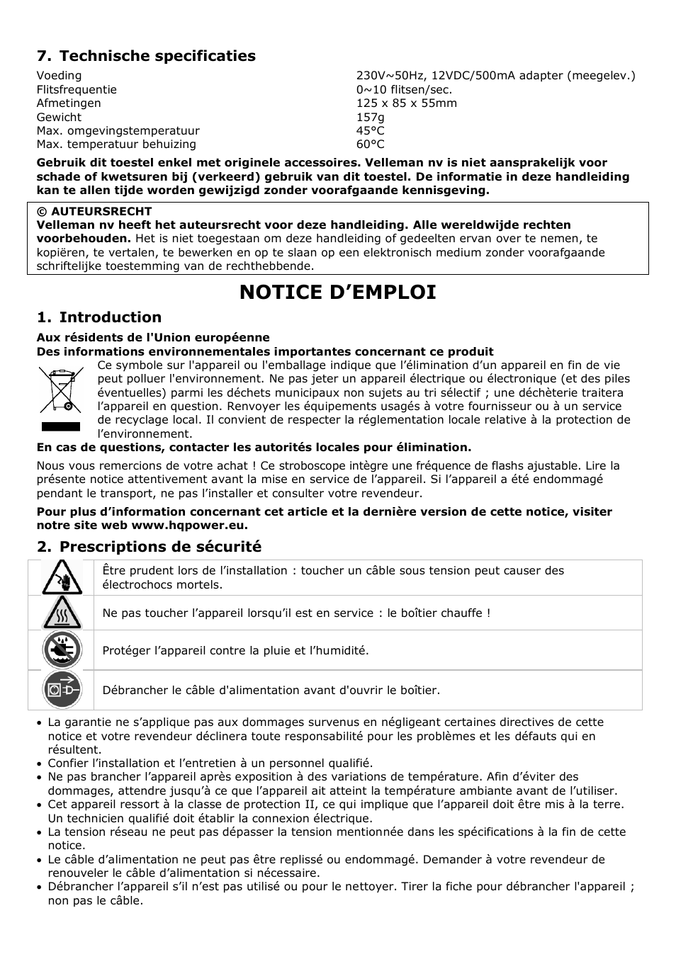 Notice d’emploi, Technische specificaties, Introduction | Prescriptions de sécurité | Velleman VDLL24ST User Manual | Page 6 / 14