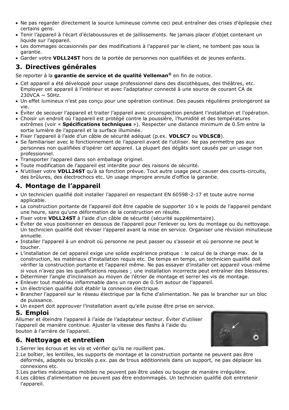 Directives générales, Montage de l’appareil, Emploi | Nettoyage et entretien | Velleman VDLL24ST User Manual | Page 7 / 14