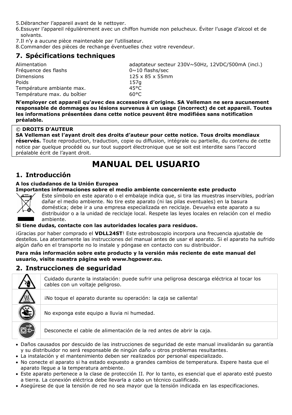 Manual del usuario, Spécifications techniques, Introducción | Instrucciones de seguridad | Velleman VDLL24ST User Manual | Page 8 / 14