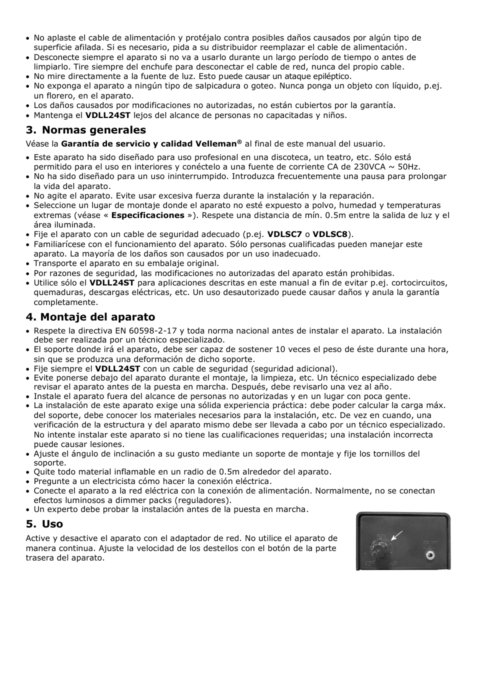 Normas generales, Montaje del aparato | Velleman VDLL24ST User Manual | Page 9 / 14