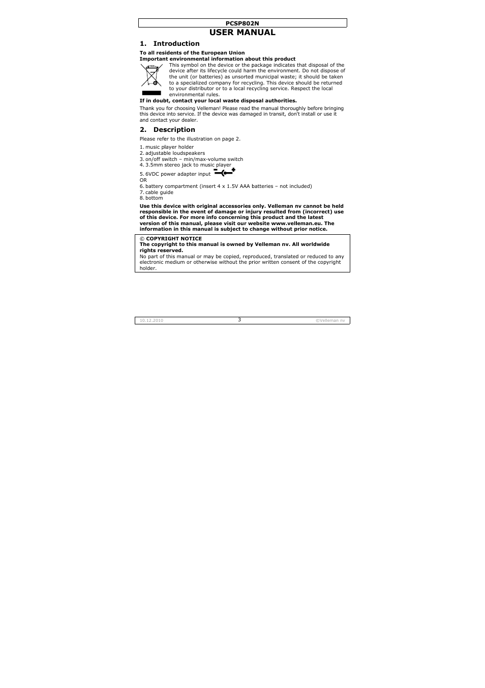 User man, Nual | Velleman PCSP802N User Manual | Page 3 / 12