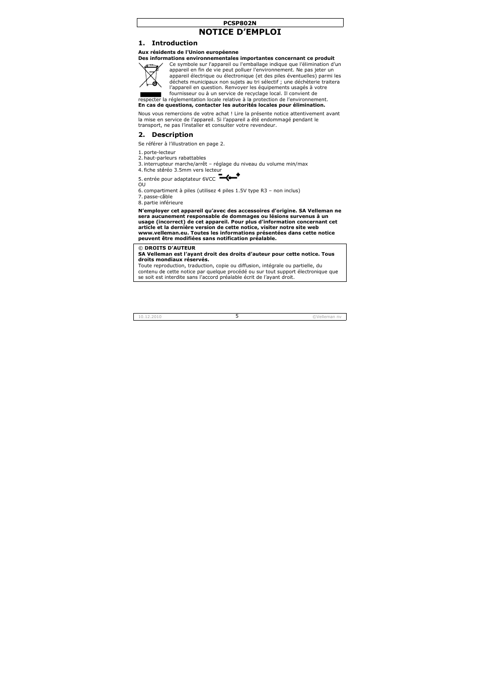 Otice d’e, Emploi | Velleman PCSP802N User Manual | Page 5 / 12