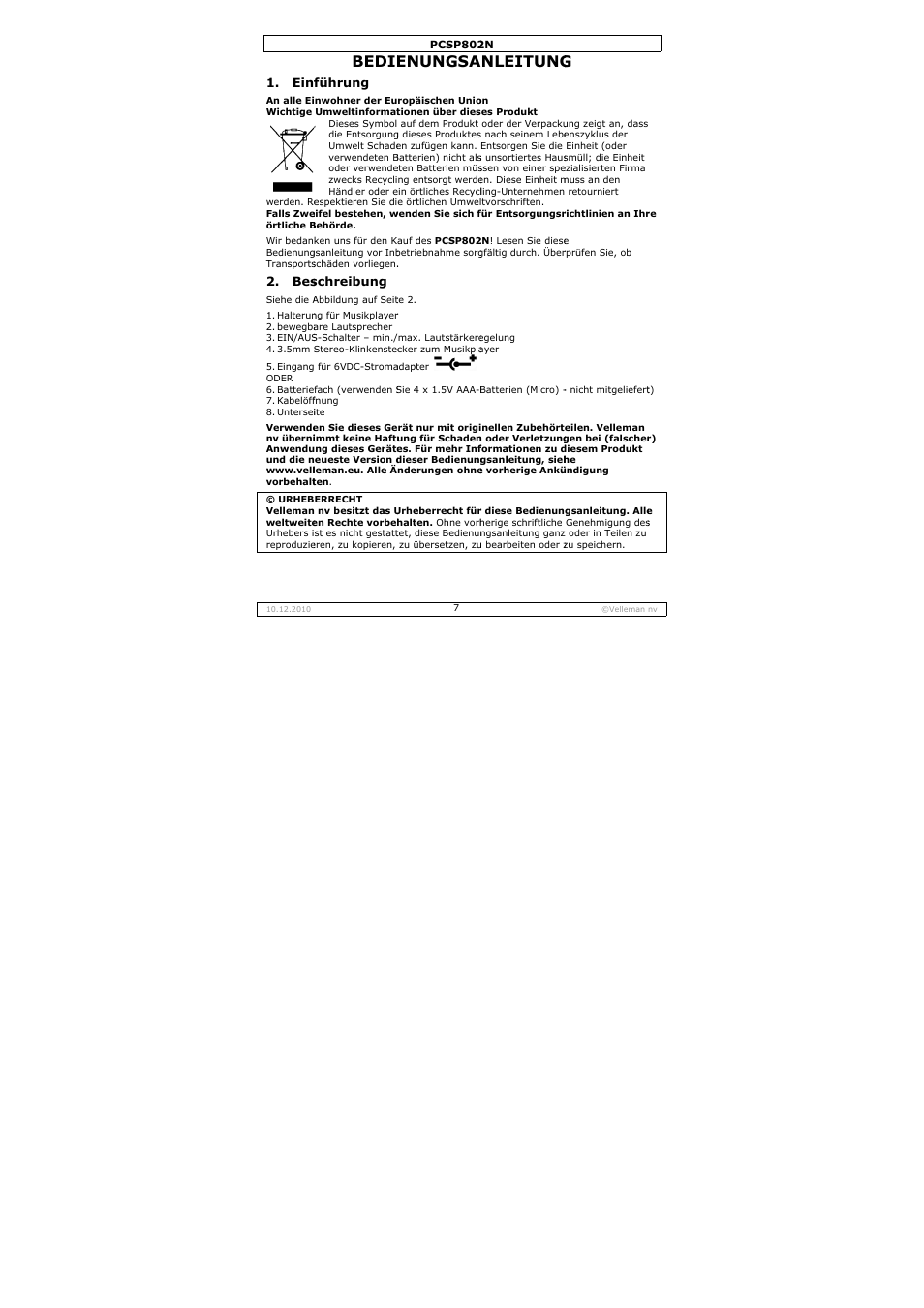 Bedie, Enungsa, Nleitung | Velleman PCSP802N User Manual | Page 7 / 12