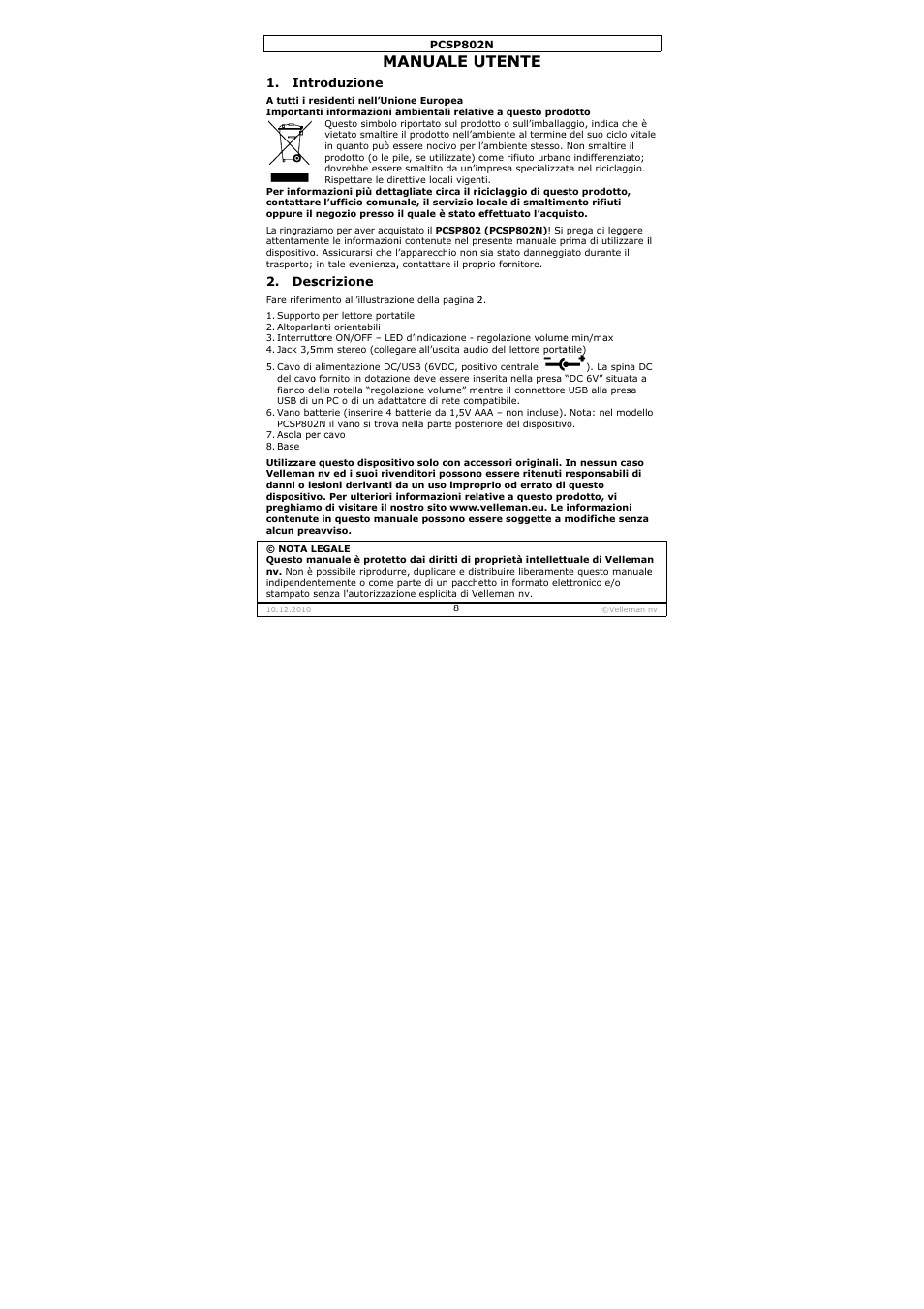 Anuale u, Utente | Velleman PCSP802N User Manual | Page 8 / 12