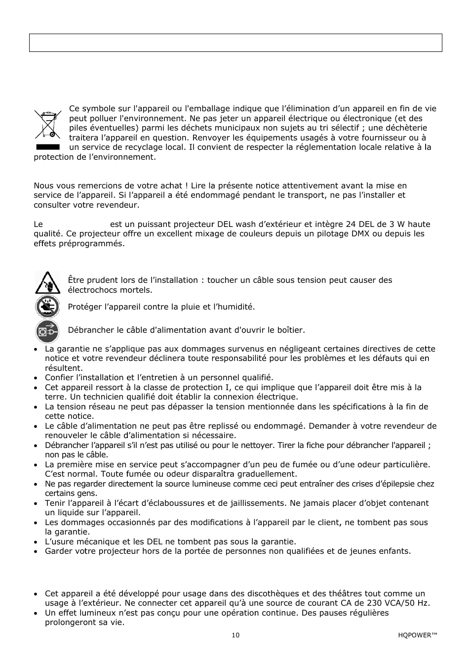Projec, Cteur, Wash | H d'ext, Térieu, Ur av, Ec tél, Lécom, Mmand, Intr | Velleman VDPLOW2403 User Manual | Page 10 / 23