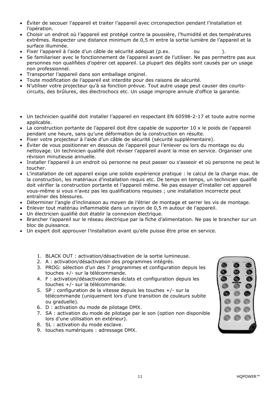Installation, Description de la télécommande | Velleman VDPLOW2403 User Manual | Page 11 / 23