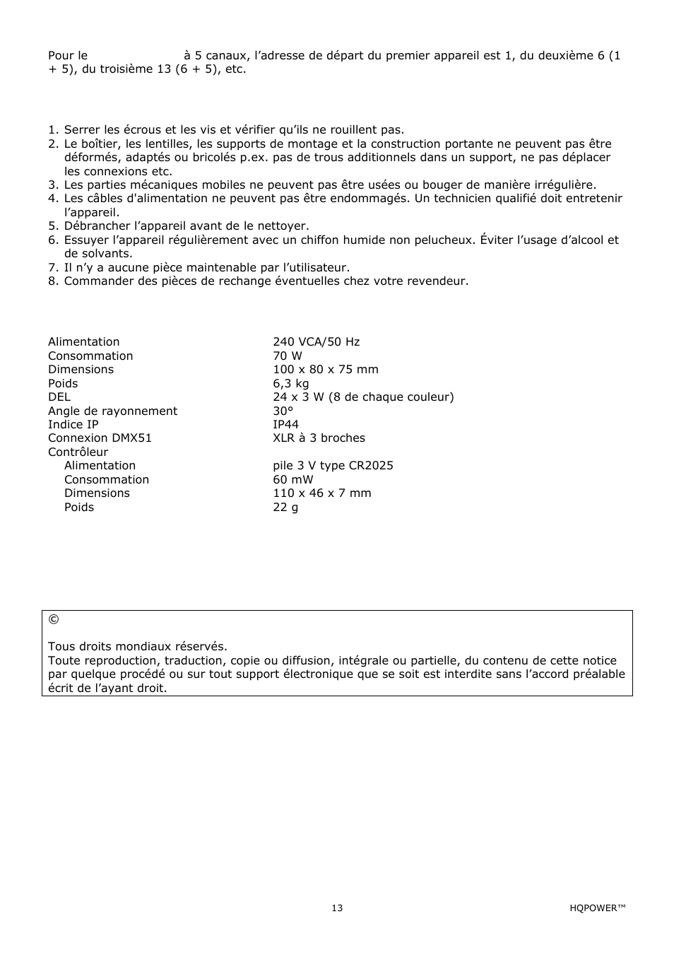 Nettoyage et entretien, Spécifications techniques | Velleman VDPLOW2403 User Manual | Page 13 / 23