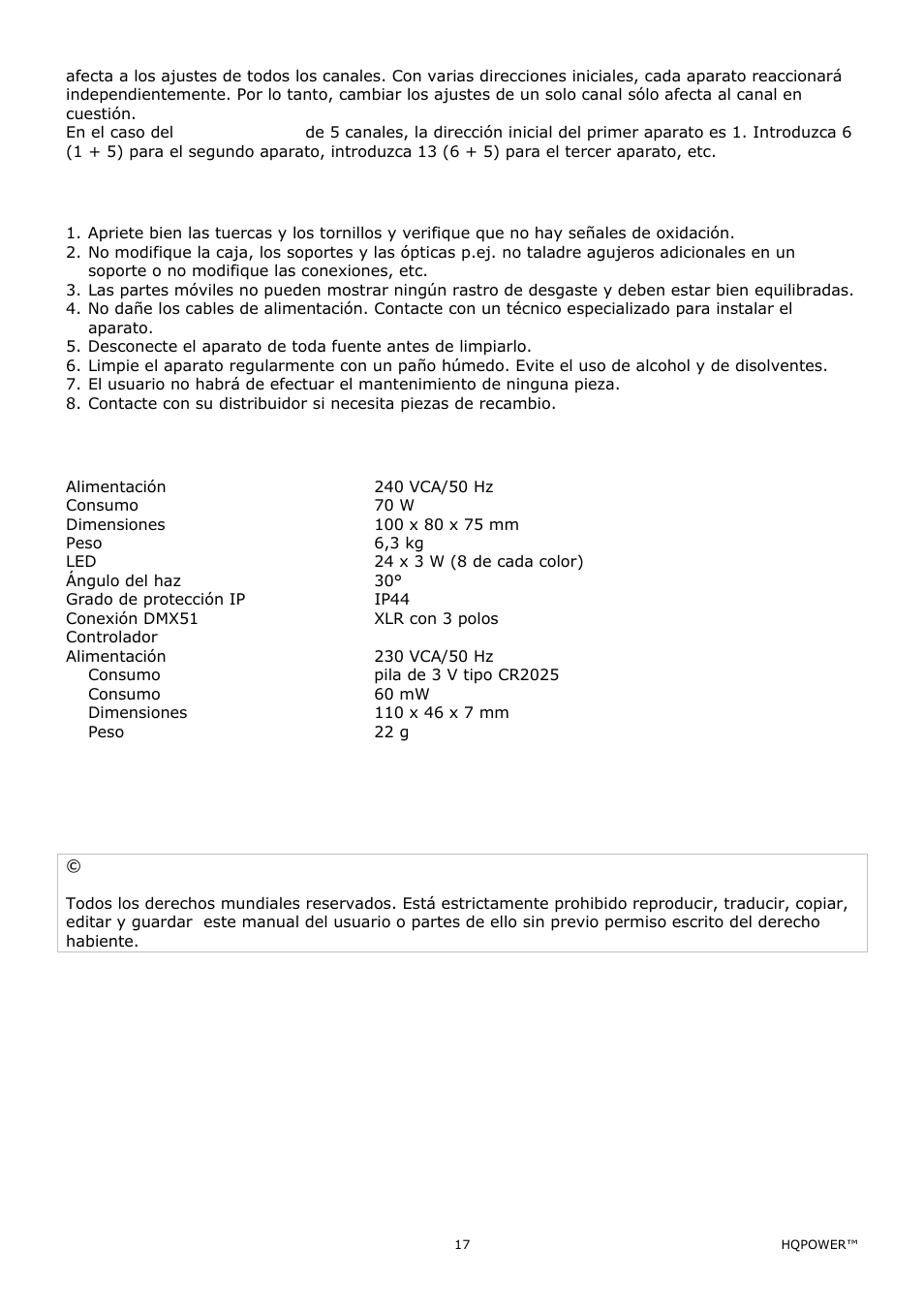 Limpieza y mantenimiento, Especificaciones | Velleman VDPLOW2403 User Manual | Page 17 / 23