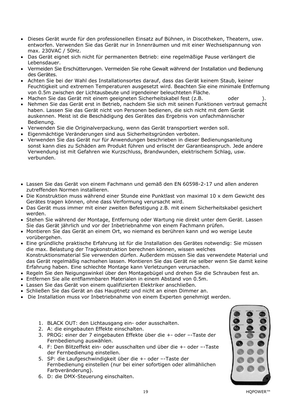 Allgemeine richtlinien, Installation, Umschreibung der fernbedienung | Velleman VDPLOW2403 User Manual | Page 19 / 23