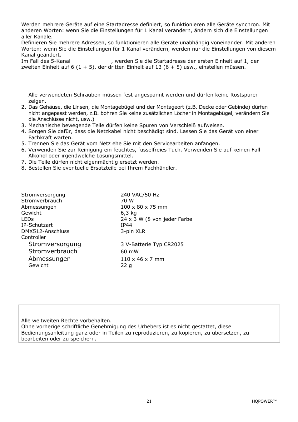 Reinigung und wartung, Technische daten | Velleman VDPLOW2403 User Manual | Page 21 / 23