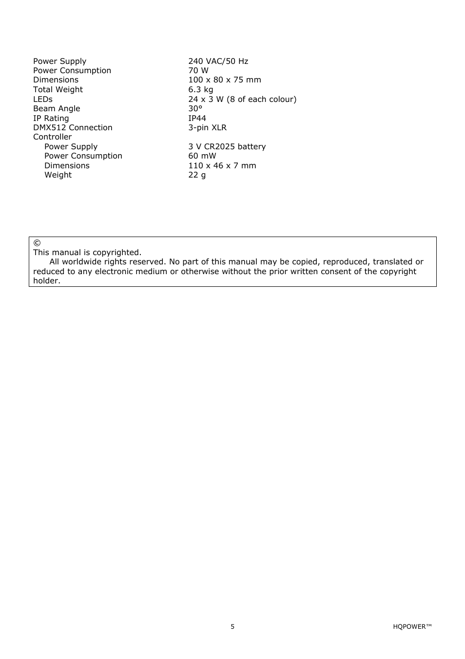 Technical specifications | Velleman VDPLOW2403 User Manual | Page 5 / 23