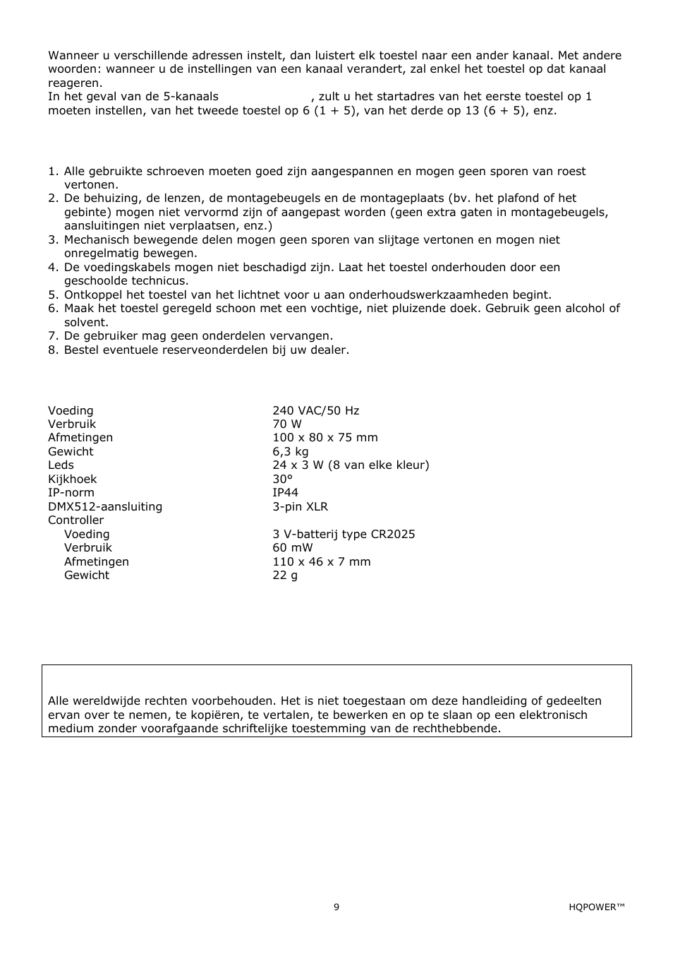 Reiniging en onderhoud, Technische specificaties | Velleman VDPLOW2403 User Manual | Page 9 / 23