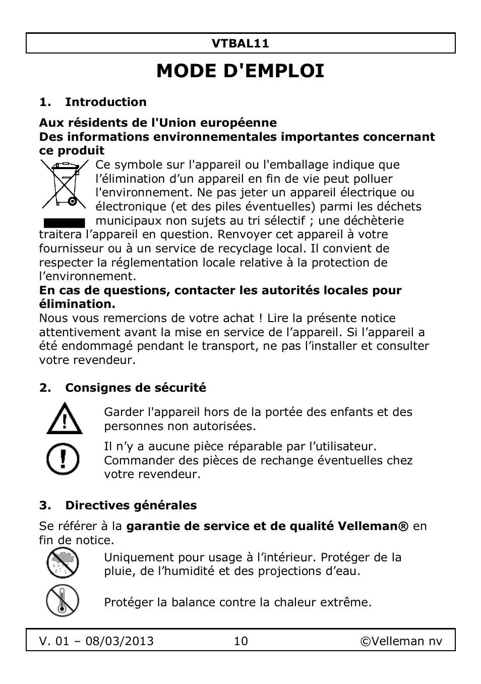 Mode d'emploi, Introduction, Consignes de sécurité | Directives générales | Velleman VTBAL11 User Manual | Page 10 / 36