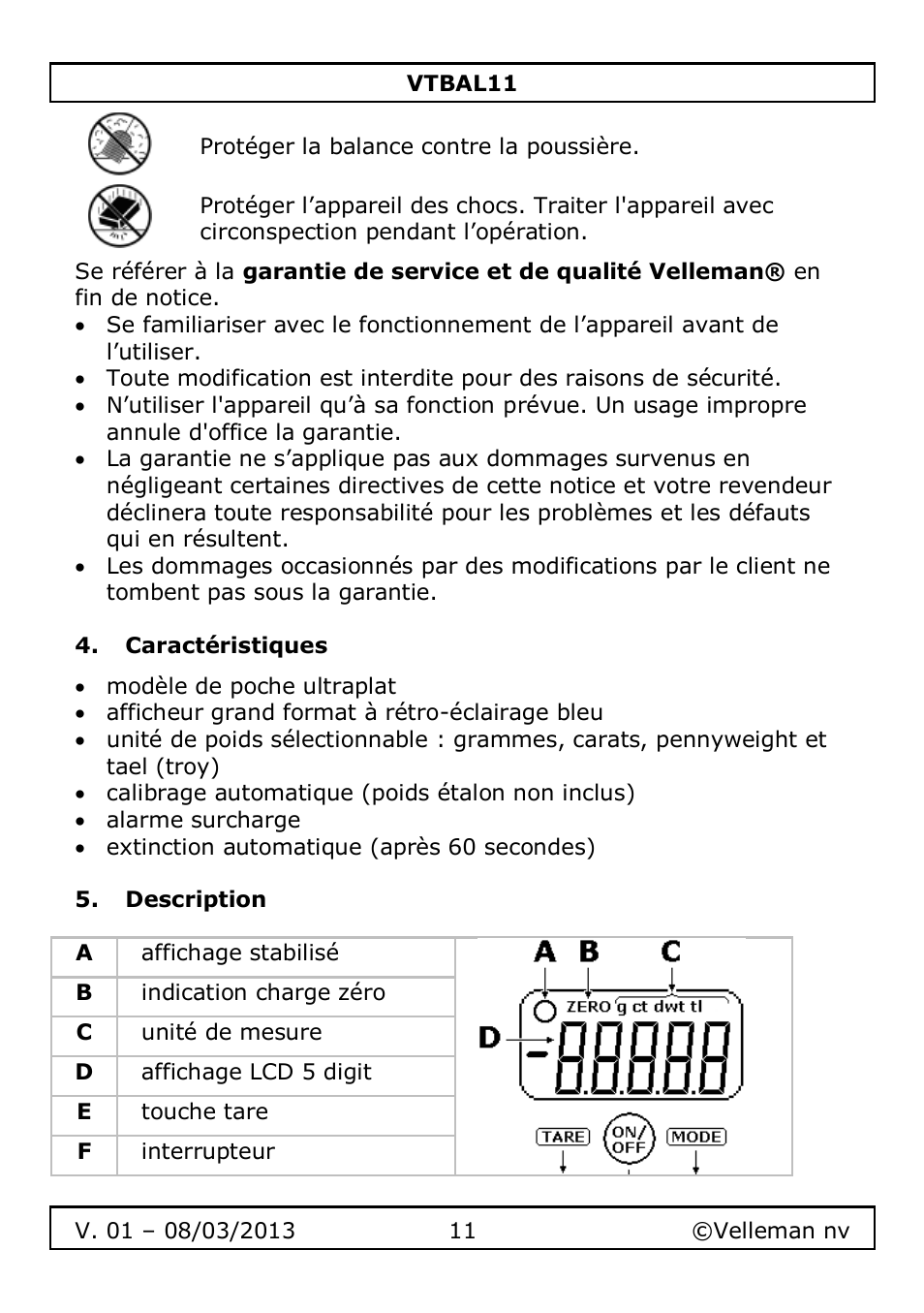 Caractéristiques, Description | Velleman VTBAL11 User Manual | Page 11 / 36