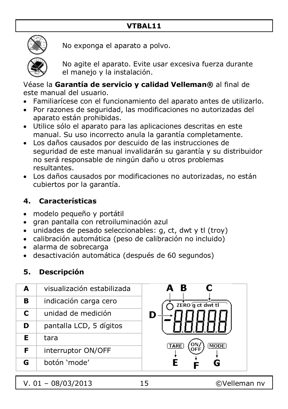 Características, Descripción | Velleman VTBAL11 User Manual | Page 15 / 36