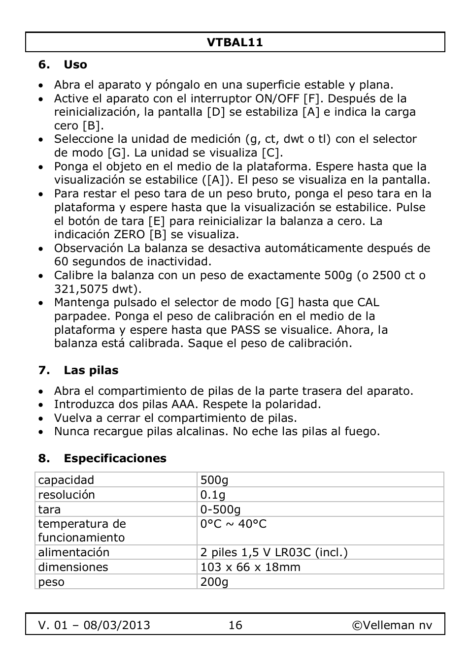 Las pilas, Especificaciones | Velleman VTBAL11 User Manual | Page 16 / 36